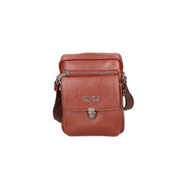 Geanta crossbody de piele ecologica cu logo 24587 - Maro inchis