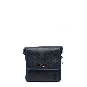 Geanta crossbody mica de piele ecologica - cu logo stantat - Albastru inchis/Argintiu inchis/Bleumarin
