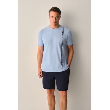 Pijama din amestec de bumbac cu pantaloni scurti - Albastru deschis - Bleumarin -