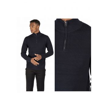 Pulover Barbati -  Langdon Half Zip - Regular Fit - Maneci Lungi - Guler Inalt - Design Simplu - Bumbac - Negru - Negru