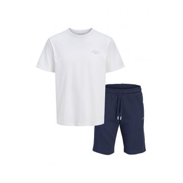 Set de bermude sport si tricou din bumbac - Albastru inchis/Alb optic
