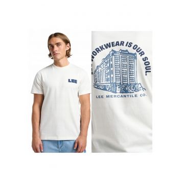 Tricou Barbati -  Graphic Tee - Regular Fit - Maneca Scurta - Decdwqfolteu Rotund - Cu Logo - Bumbac - Design Clasic - Alb