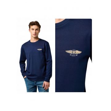 Tricou Barbati -  LS Americana Tee - Regular Fit - Decolteu Rotdwqfund - Cu Logo - Design Clasic - Maneci Lungi - Bumbac - Albastru