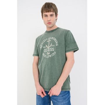 Tricou cu aspect decolorat si imprimeu - Verde feriga