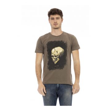 Tricou cu decolteu la baza gatului si imprimeu - Maro inchis