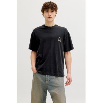 Tricou cu decolteu la baza gatului si imprimeu pe partea din spate - Negru