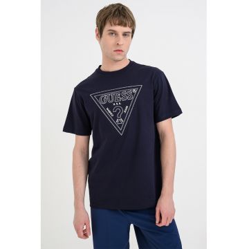 Tricou cu decolteu la baza gatului si logo - Albastru ultramarin