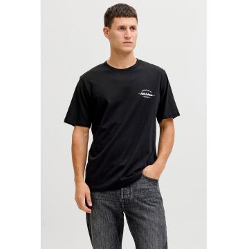 Tricou de bumbac cu decolteu la baza gatului si imprimeu logo discret