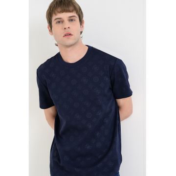 Tricou din amestec de bumbac cu decolteu la baza gatului - Albastru ultramarin