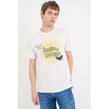 Tricou din bumbac cu imprimeu text si grafic - Crem
