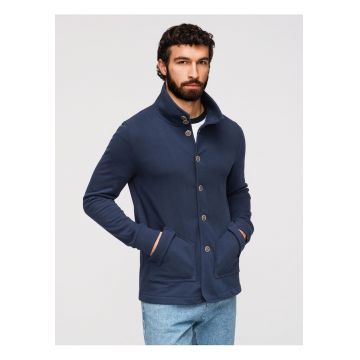 Bluza Barbati Cu Guler Inalt si Inchidere cu Butoni - Bumbac si Poliester - Croiala Regulara - Bleumarin