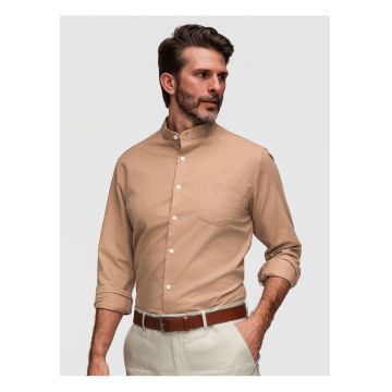 Camasa barbati in si bumbac Regular Fit cu guler tunica - Maro