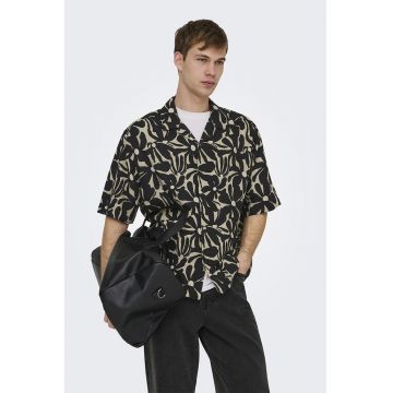 Camasa din amestec de in cu maneci scurte - Negru/Maro taupe deschis