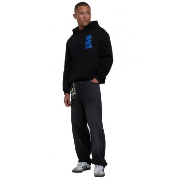 Hanorac cu buzunare kangaroo si design grafic - Negru/Albastru royal