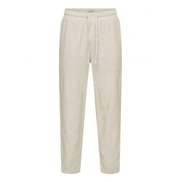 Pantaloni din amestec de in cu croiala conica si snur de ajustare in talie - Crem