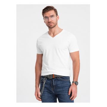Tricou barbati casual cu decolteu in V bumbac elastic - Alb