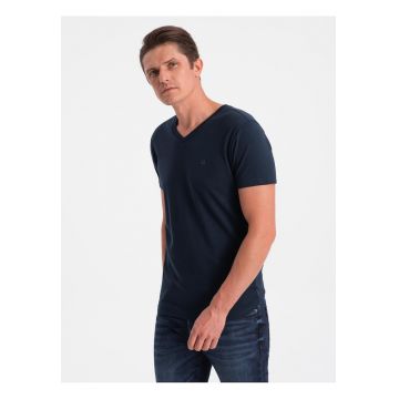 Tricou barbati casual cu decolteu in V bumbac elastic - Bleumarin