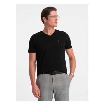 Tricou barbati casual cu decolteu in V bumbac elastic - Negru