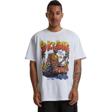 Tricou cu decolteu la baza gatului si imprimeu grafic - Alb/Maro taupe