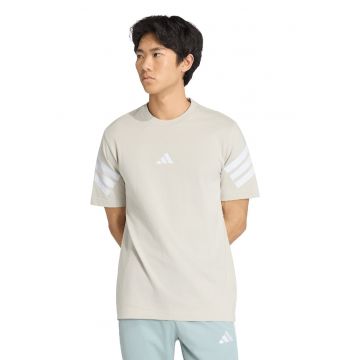 Tricou de bumbac cu decolteu la baza gatului si logo - Alb/Maro nisip