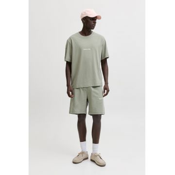 Tricou din amestec de bumbac organic cu broderie text - Verde pal