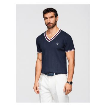 Tricou din viscoza cu decolteu in V  OM-TSCT-0266 - Albastru inchis