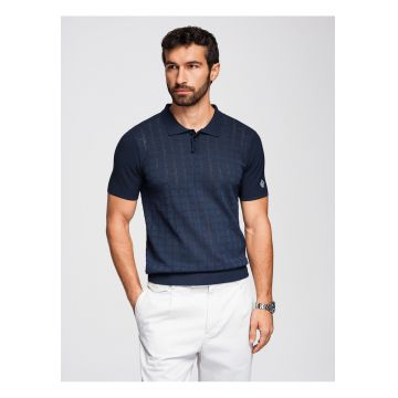 Tricou polo din viscoza cu model ajurat - Albastru inchis