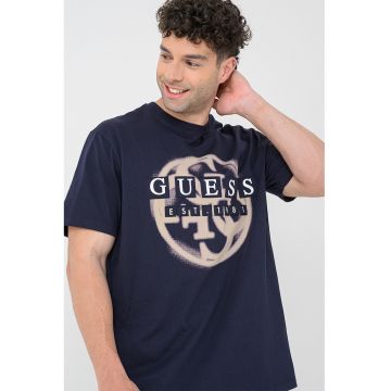 Tricou regular fit din bumbac cu imprimeu logo supradimensionat - Bleumarin
