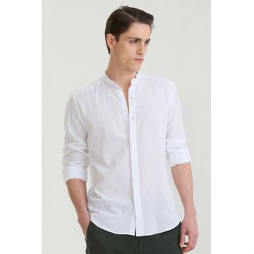 Camasa din amestec de in cu guler Mao - Alb