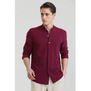 Camasa din amestec de in cu guler Mao - Visiniu
