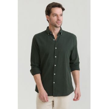 Camasa din amestec de in cu guler Oxford - Verde inchis