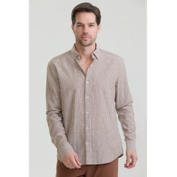 Camasa din amestec de in si bumbac cu model in dungi - Alb/Maro