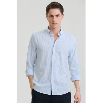 Camasa din amestec de in si bumbac cu model in dungi - Albastru pastel