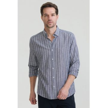 Camasa din amestec de in si bumbac cu model in dungi si guler Oxford - Alb/Albastru prafuit