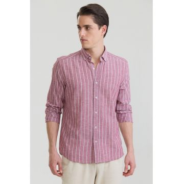 Camasa din amestec de in si bumbac cu model in dungi si guler Oxford - Alb/Visiniu