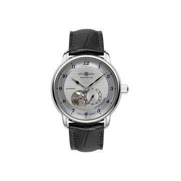 Ceas  barbati - automat - 40mm - argintiu - curea din piele albastra - rezistent la apa 5 ATM