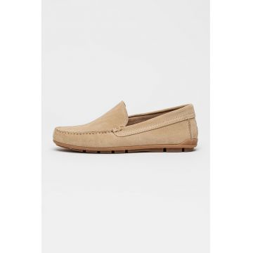 Pantofi loafer uni din piele intoarsa - Maro taupe deschis/Caramel