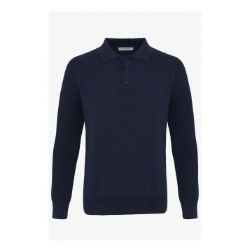 Pulover striat cu fenta cu nasturi - Bleumarin