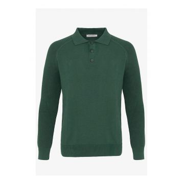 Pulover striat cu fenta cu nasturi - Verde inchis