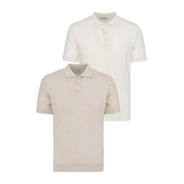 Set de tricouri din bumbac cu guler polo - 2 piese - Alb/Bej