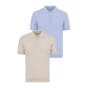 Set de tricouri din bumbac cu guler polo - 2 piese - Albastru pastel/Bej
