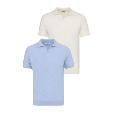 Set de tricouri din bumbac cu guler polo - 2 piese - Albastru pastel/Ocru