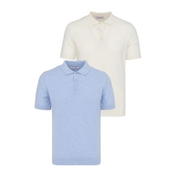 Set de tricouri din bumbac cu guler polo - 2 piese - Albastru pastel/Ocru
