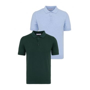 Set de tricouri din bumbac cu guler polo - 2 piese - Albastru pastel/Verde inchis
