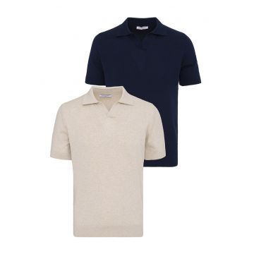 Set de tricouri din bumbac cu guler polo - 2 piese - Bej/Bleumarin