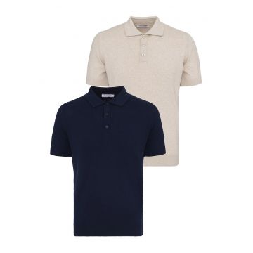 Set de tricouri din bumbac cu guler polo - 2 piese - Bej/Bleumarin