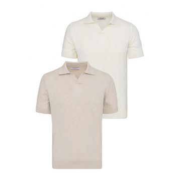 Set de tricouri din bumbac cu guler polo - 2 piese - Bej/Ocru