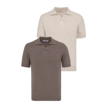 Set de tricouri din bumbac cu guler polo - 2 piese - Maro/Bej