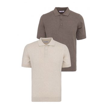 Set de tricouri din bumbac cu guler polo - 2 piese - Maro/Bej