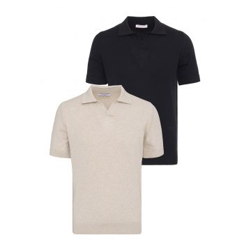 Set de tricouri din bumbac cu guler polo - 2 piese - Negru/Bej